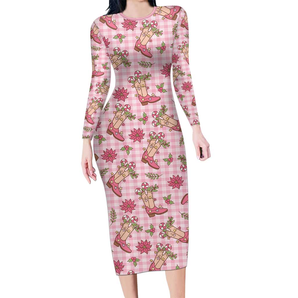 Pink Paniolo Palaka Hawaiian Cowgirl Christmas Family Matching Long Sleeve Bodycon Dress and Hawaiian Shirt LT9 Mom's Dress Pink - Polynesian Pride