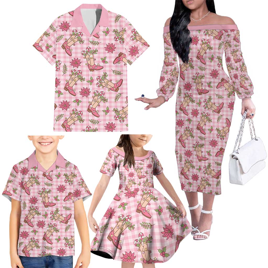 Pink Paniolo Palaka Hawaiian Cowgirl Christmas Family Matching Off The Shoulder Long Sleeve Dress and Hawaiian Shirt LT9 - Polynesian Pride