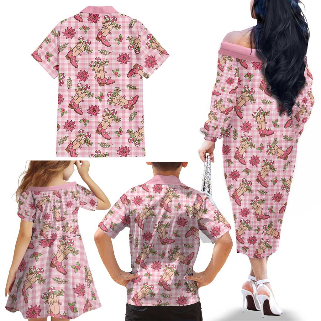 Pink Paniolo Palaka Hawaiian Cowgirl Christmas Family Matching Off The Shoulder Long Sleeve Dress and Hawaiian Shirt LT9 - Polynesian Pride