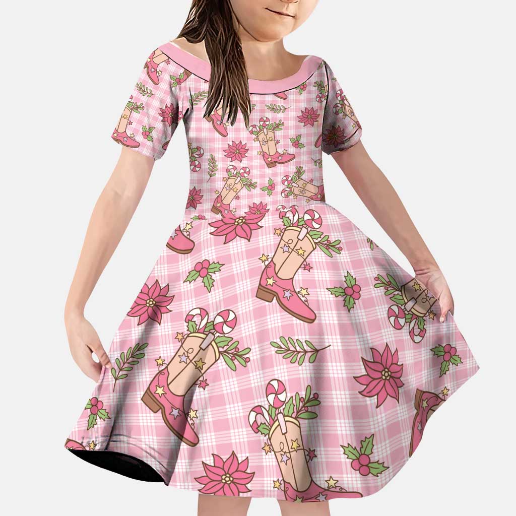 Pink Paniolo Palaka Hawaiian Cowgirl Christmas Family Matching Off Shoulder Maxi Dress and Hawaiian Shirt LT9 Daughter's Dress Pink - Polynesian Pride