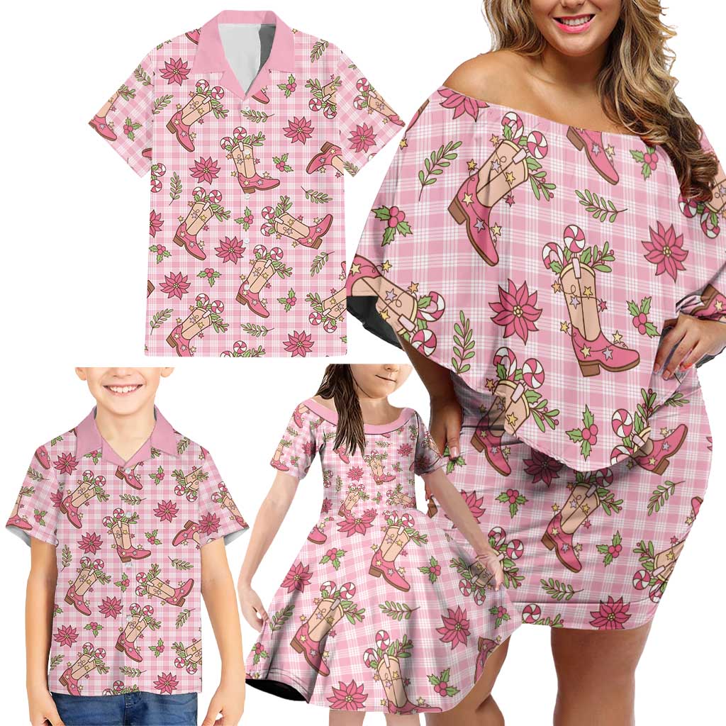 Pink Paniolo Palaka Hawaiian Cowgirl Christmas Family Matching Off Shoulder Short Dress and Hawaiian Shirt LT9 - Polynesian Pride
