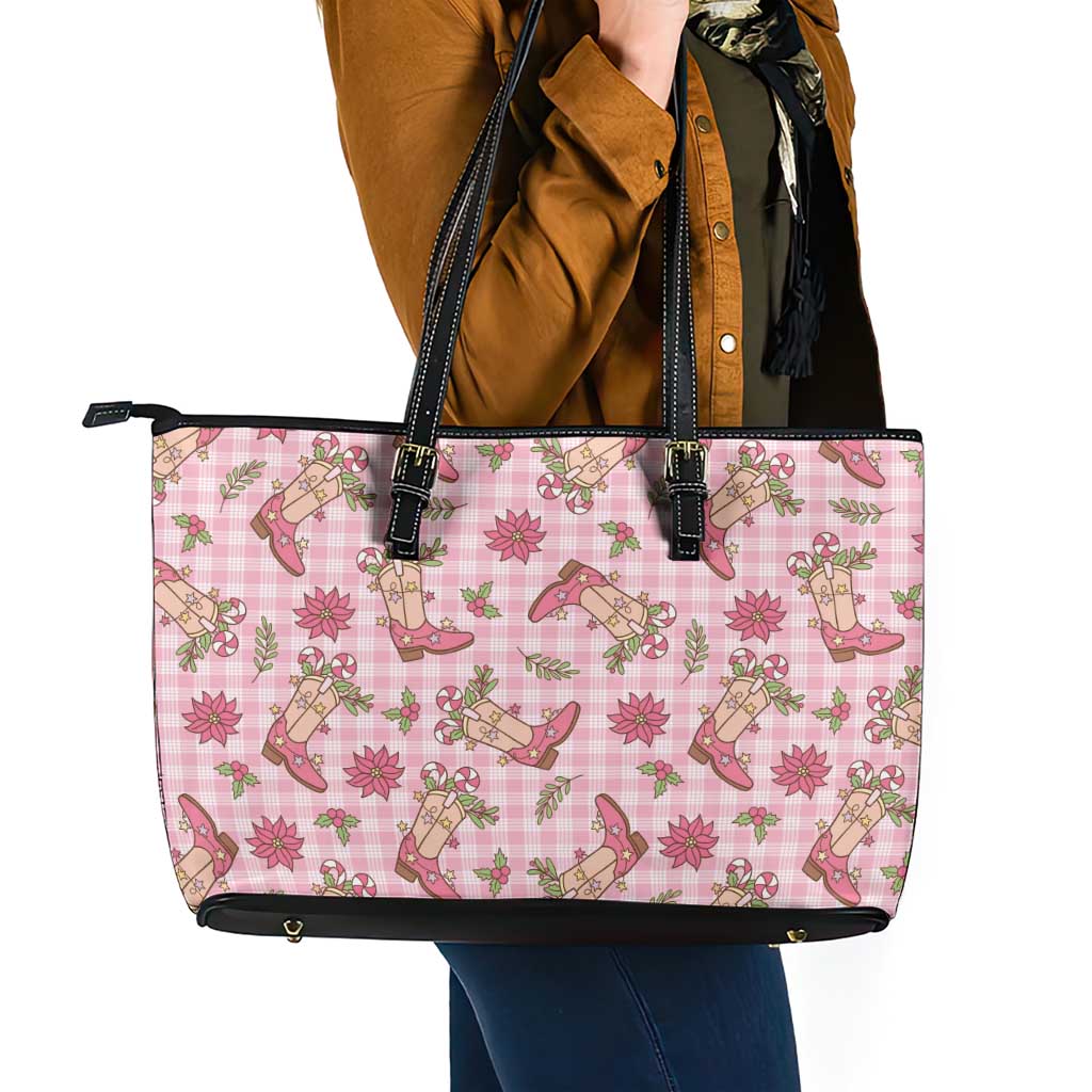 Pink Paniolo Palaka Hawaiian Cowgirl Christmas Leather Tote Bag - Polynesian Pride