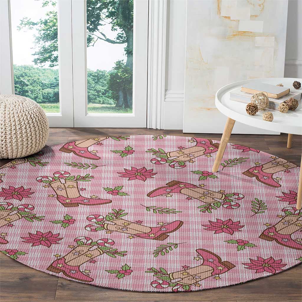 Pink Paniolo Palaka Hawaiian Cowgirl Christmas Round Carpet - Polynesian Pride