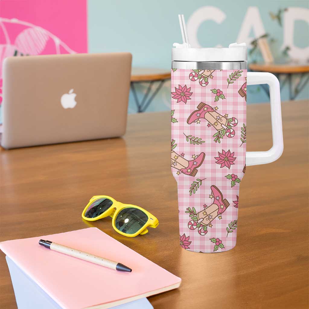 Pink Paniolo Palaka Hawaiian Cowgirl Christmas Tumbler With Handle - Polynesian Pride