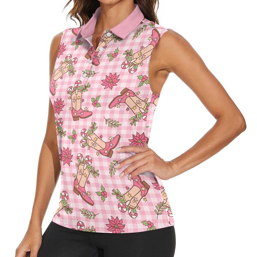 Pink Paniolo Palaka Hawaiian Cowgirl Christmas Women Sleeveless Polo Shirt LT9 - Polynesian Pride
