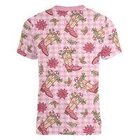 Pink Paniolo Palaka Hawaiian Cowgirl Christmas Women V-Neck T-Shirt LT9 - Polynesian Pride