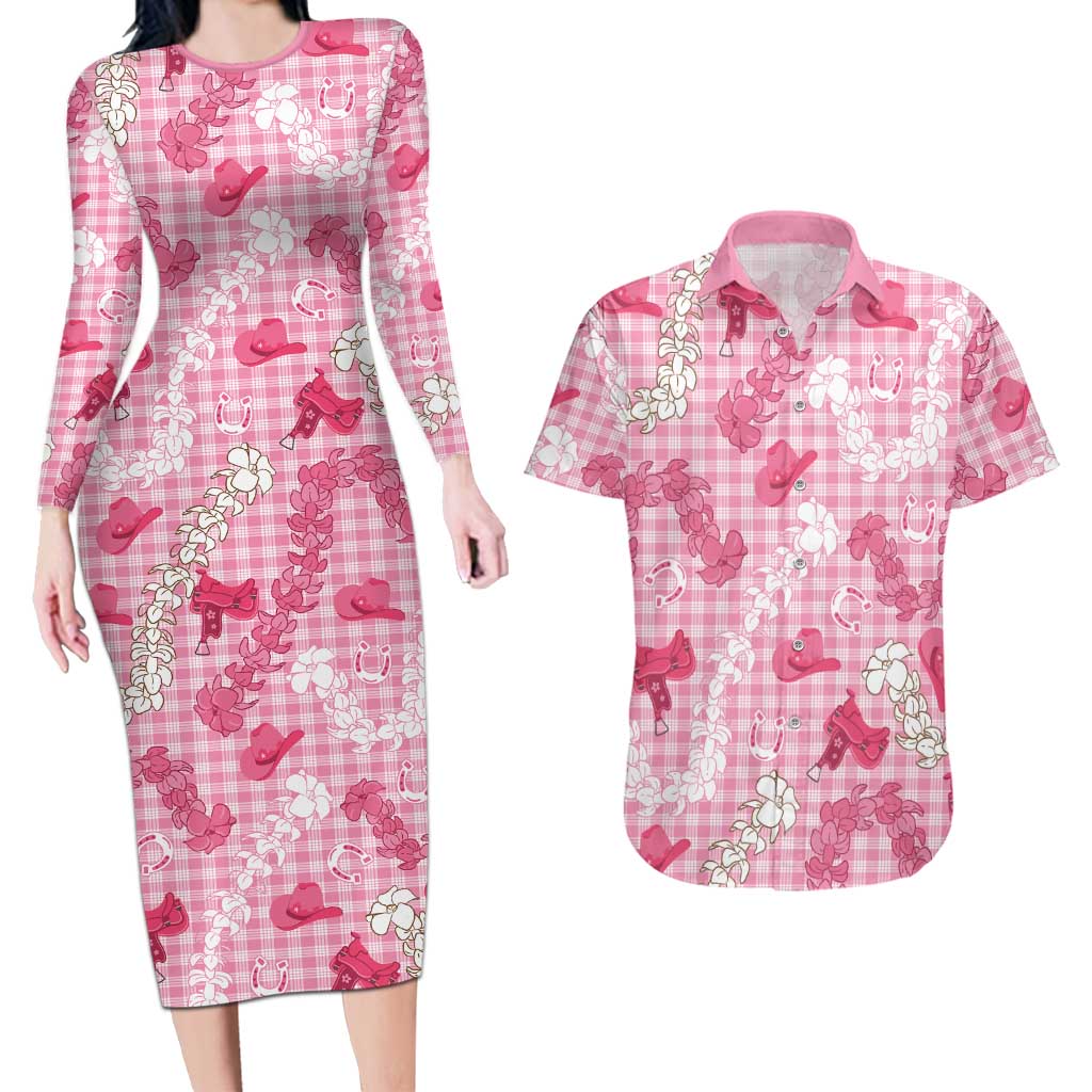 Paniolo Palaka Hawaiian Cowgirl Couples Matching Long Sleeve Bodycon Dress and Hawaiian Shirt LT9 Pink - Polynesian Pride