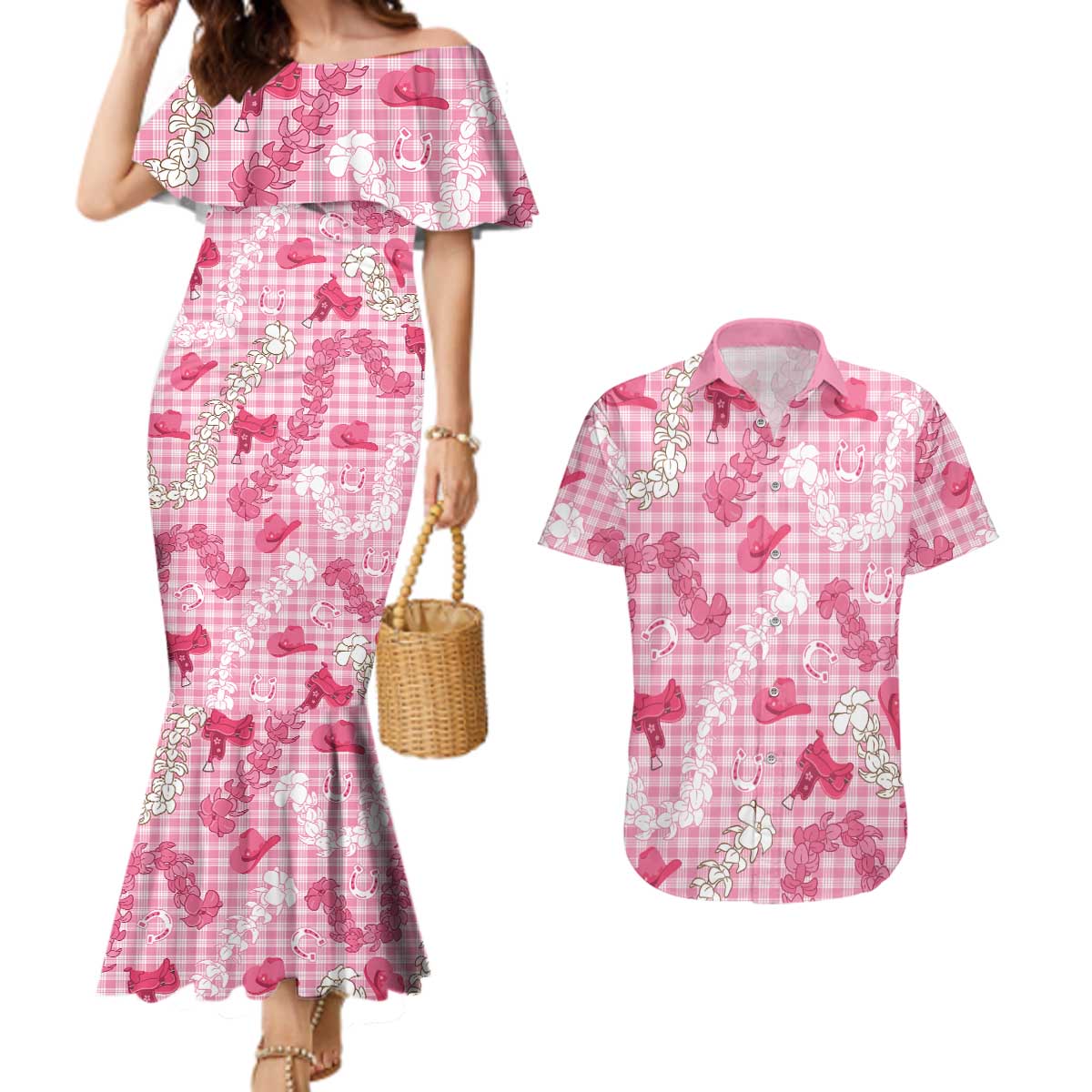 Paniolo Palaka Hawaiian Cowgirl Couples Matching Mermaid Dress and Hawaiian Shirt LT9 Pink - Polynesian Pride