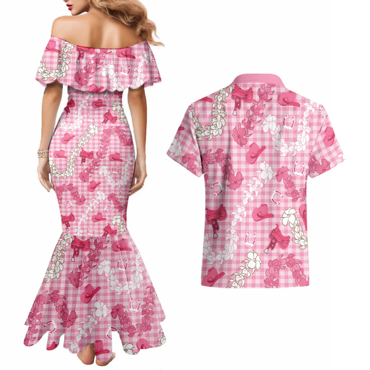 Paniolo Palaka Hawaiian Cowgirl Couples Matching Mermaid Dress and Hawaiian Shirt LT9 - Polynesian Pride