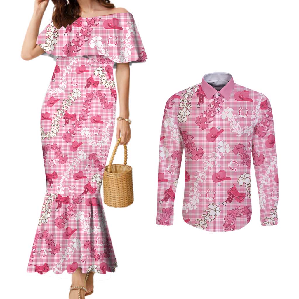 Paniolo Palaka Hawaiian Cowgirl Couples Matching Mermaid Dress and Long Sleeve Button Shirt LT9 Pink - Polynesian Pride