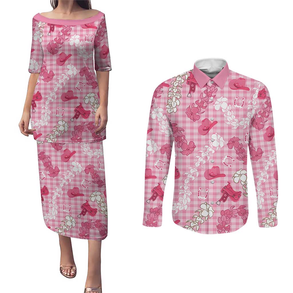 Paniolo Palaka Hawaiian Cowgirl Couples Matching Puletasi and Long Sleeve Button Shirt - Polynesian Pride
