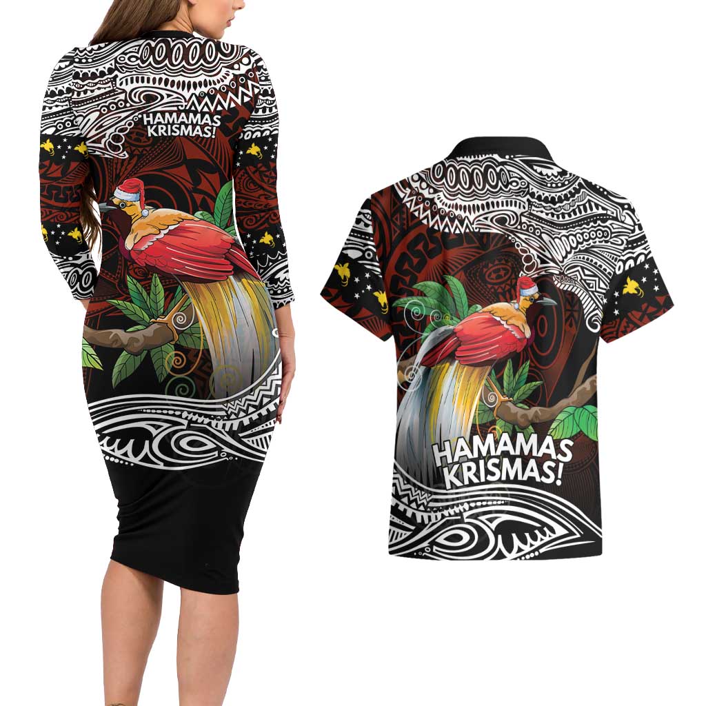 Papua New Guinea Christmas Couples Matching Long Sleeve Bodycon Dress and Hawaiian Shirt - Polynesian Pride