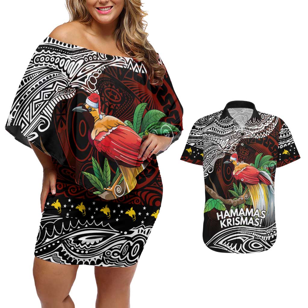 Papua New Guinea Christmas Couples Matching Off Shoulder Short Dress and Hawaiian Shirt - Polynesian Pride