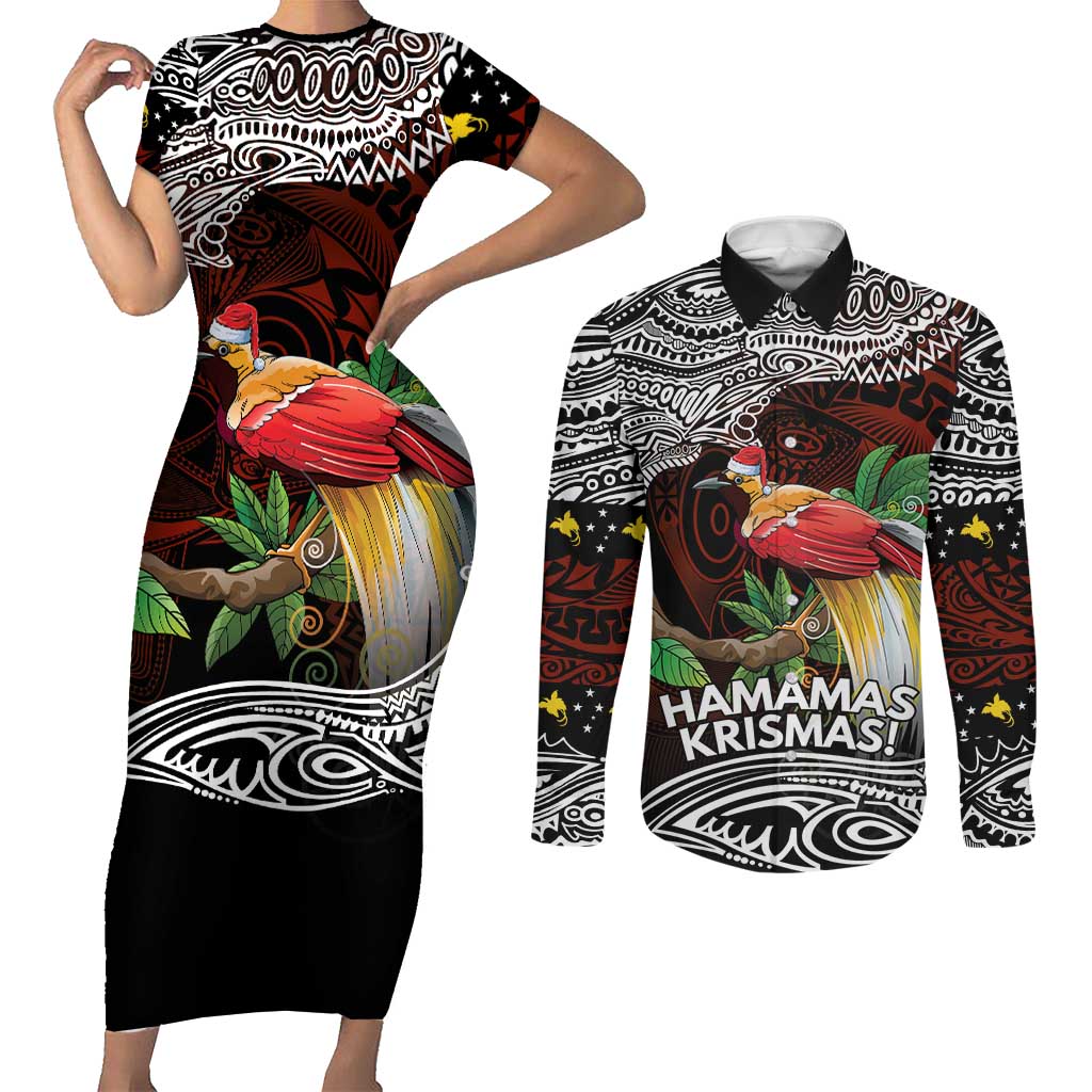 Papua New Guinea Christmas Couples Matching Short Sleeve Bodycon Dress and Long Sleeve Button Shirt - Polynesian Pride