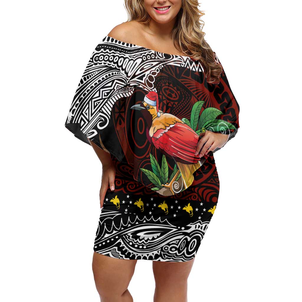 Papua New Guinea Christmas Family Matching Off Shoulder Short Dress and Hawaiian Shirt LT9 Mom's Dress Black - Polynesian Pride