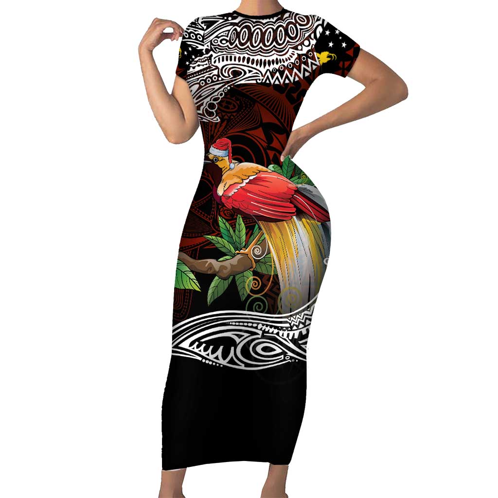 Papua New Guinea Christmas Family Matching Short Sleeve Bodycon Dress and Hawaiian Shirt LT9 Mom's Dress Black - Polynesian Pride