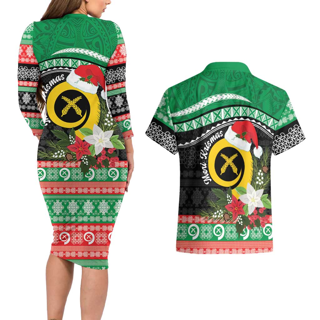 Vanuatu Pig's Tusk Meri Krismas! Couples Matching Long Sleeve Bodycon Dress and Hawaiian Shirt Vanuatuan Sand Drawing Pattern - Polynesian Pride