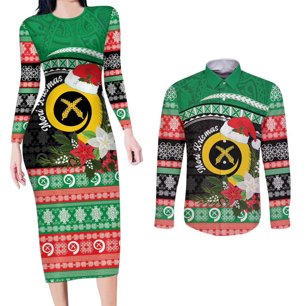 Vanuatu Pig's Tusk Meri Krismas! Couples Matching Long Sleeve Bodycon Dress and Long Sleeve Button Shirt Vanuatuan Sand Drawing Pattern LT9 Green - Polynesian Pride