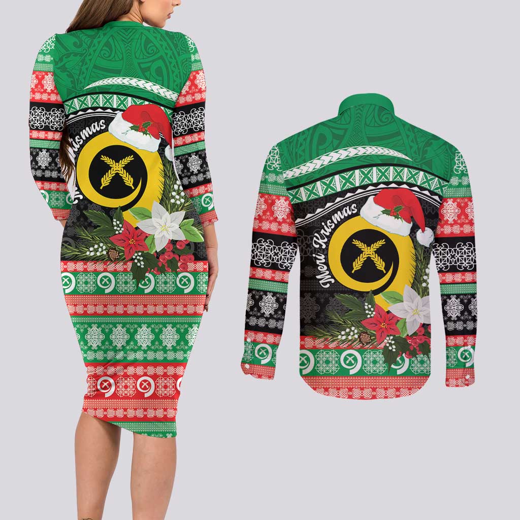 Vanuatu Pig's Tusk Meri Krismas! Couples Matching Long Sleeve Bodycon Dress and Long Sleeve Button Shirt Vanuatuan Sand Drawing Pattern LT9 - Polynesian Pride