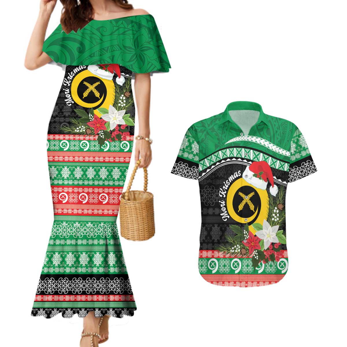 Vanuatu Pig's Tusk Meri Krismas! Couples Matching Mermaid Dress and Hawaiian Shirt Vanuatuan Sand Drawing Pattern - Polynesian Pride