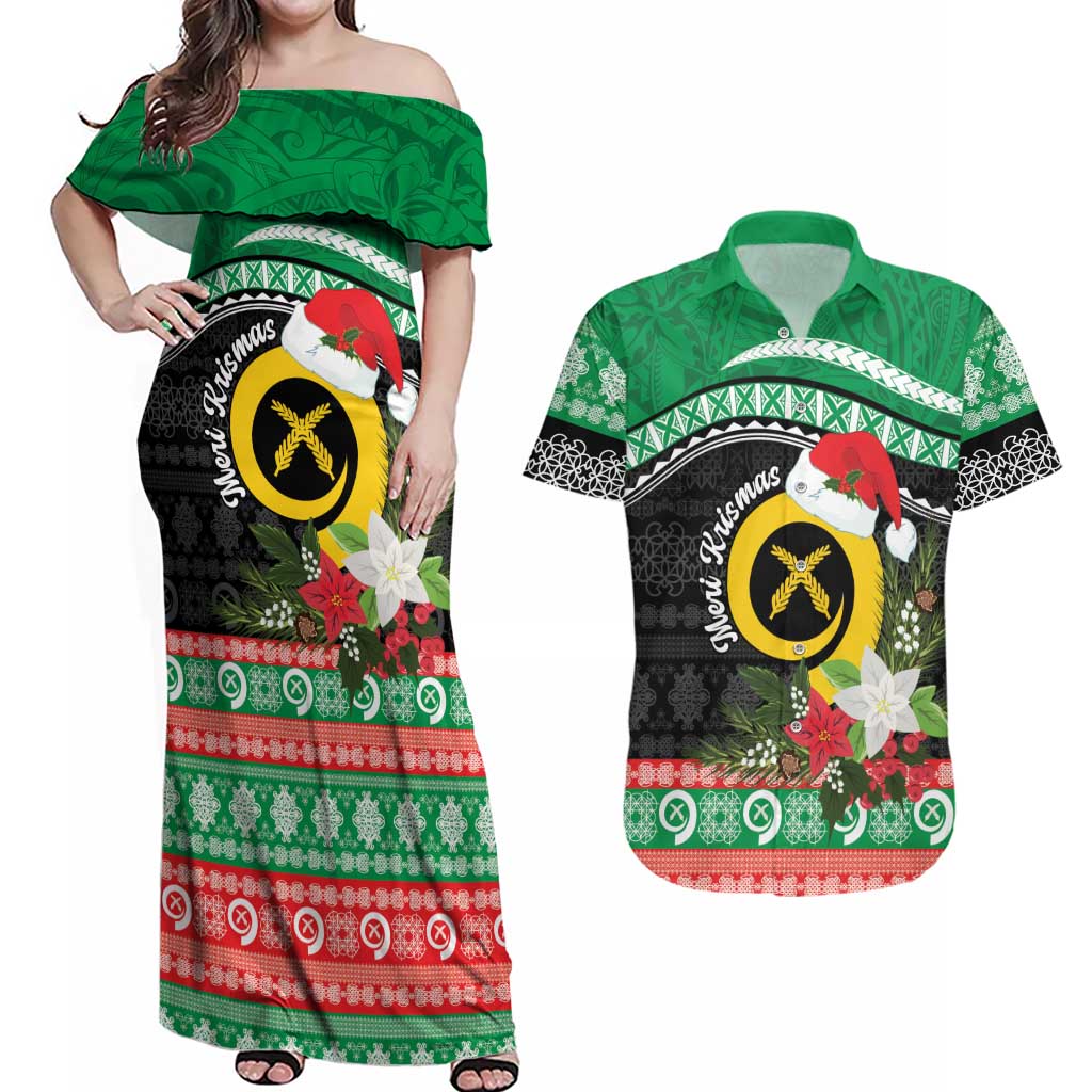 Vanuatu Pig's Tusk Meri Krismas! Couples Matching Off Shoulder Maxi Dress and Hawaiian Shirt Vanuatuan Sand Drawing Pattern - Polynesian Pride