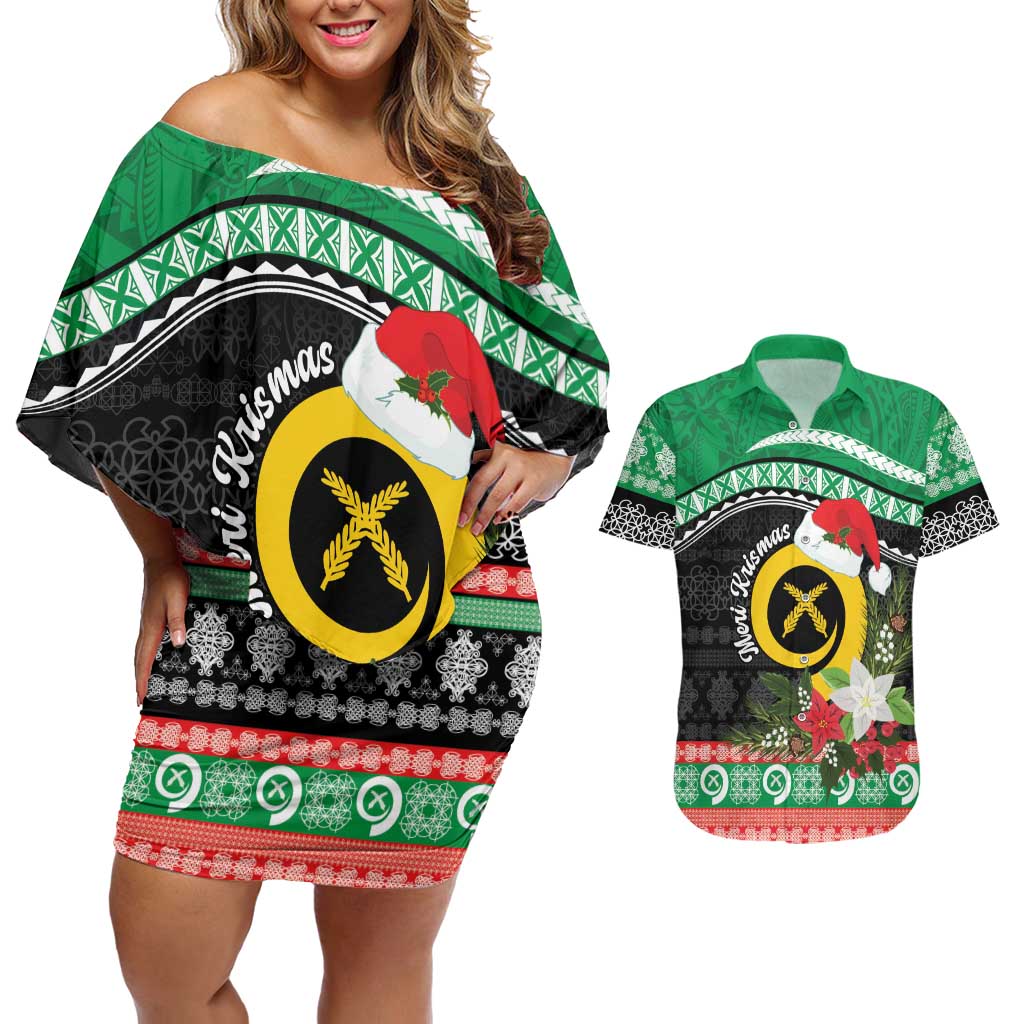 Vanuatu Pig's Tusk Meri Krismas! Couples Matching Off Shoulder Short Dress and Hawaiian Shirt Vanuatuan Sand Drawing Pattern - Polynesian Pride