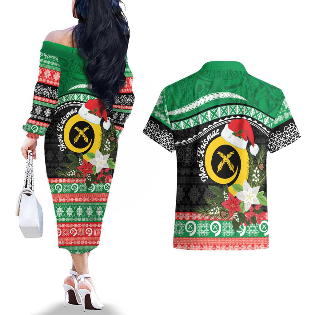 Vanuatu Pig's Tusk Meri Krismas! Couples Matching Off The Shoulder Long Sleeve Dress and Hawaiian Shirt Vanuatuan Sand Drawing Pattern - Polynesian Pride
