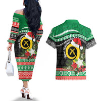 Vanuatu Pig's Tusk Meri Krismas! Couples Matching Off The Shoulder Long Sleeve Dress and Hawaiian Shirt Vanuatuan Sand Drawing Pattern - Polynesian Pride