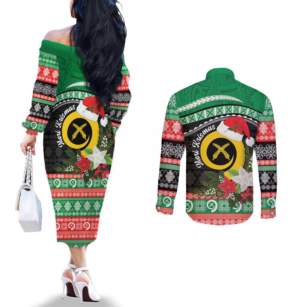 Vanuatu Pig's Tusk Meri Krismas! Couples Matching Off The Shoulder Long Sleeve Dress and Long Sleeve Button Shirt Vanuatuan Sand Drawing Pattern - Polynesian Pride