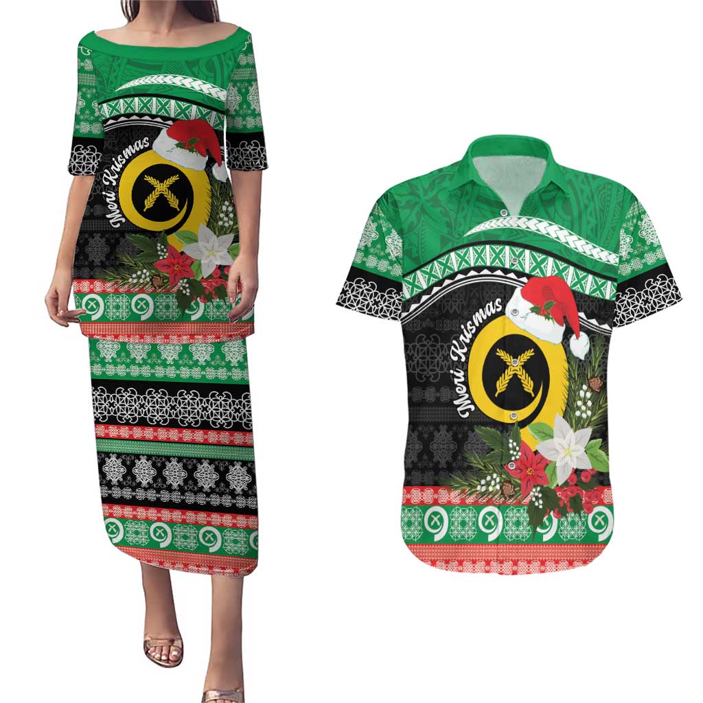 Vanuatu Pig's Tusk Meri Krismas! Couples Matching Puletasi and Hawaiian Shirt Vanuatuan Sand Drawing Pattern - Polynesian Pride