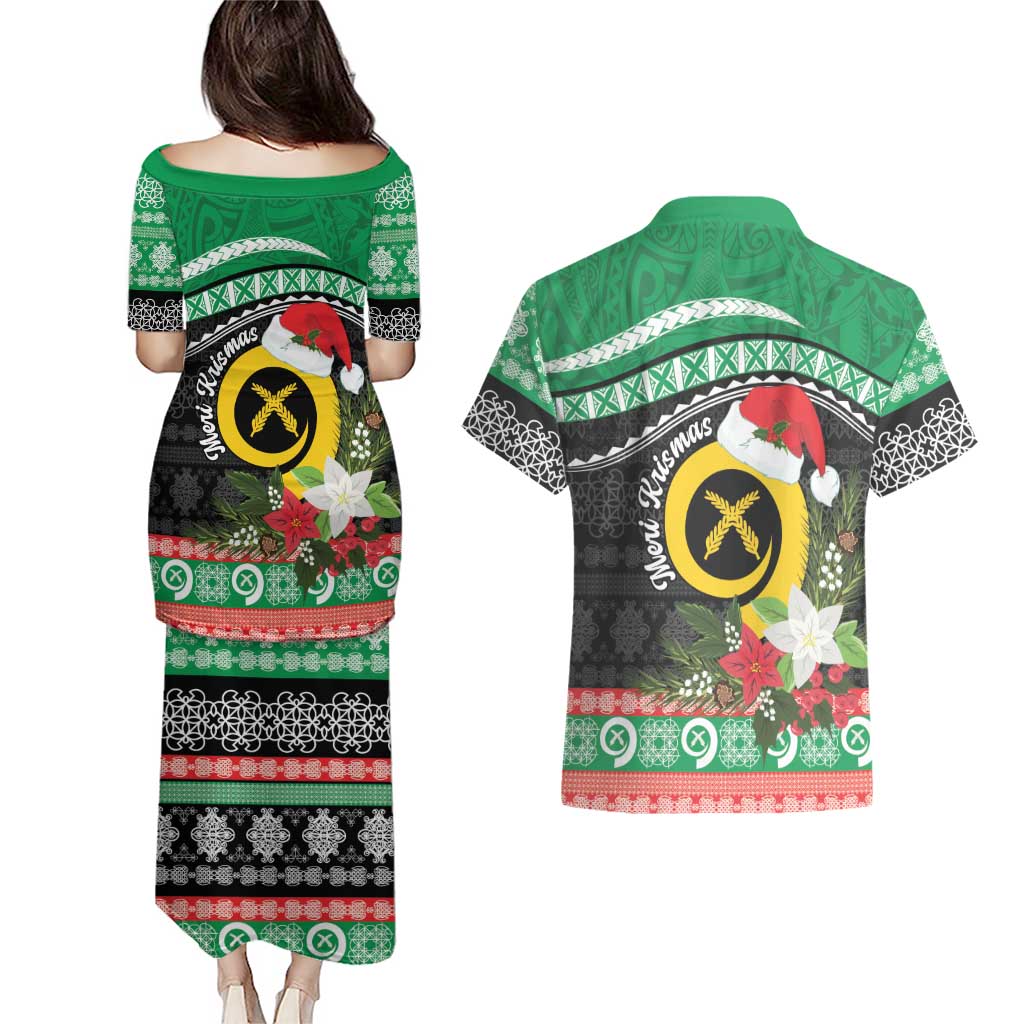 Vanuatu Pig's Tusk Meri Krismas! Couples Matching Puletasi and Hawaiian Shirt Vanuatuan Sand Drawing Pattern - Polynesian Pride