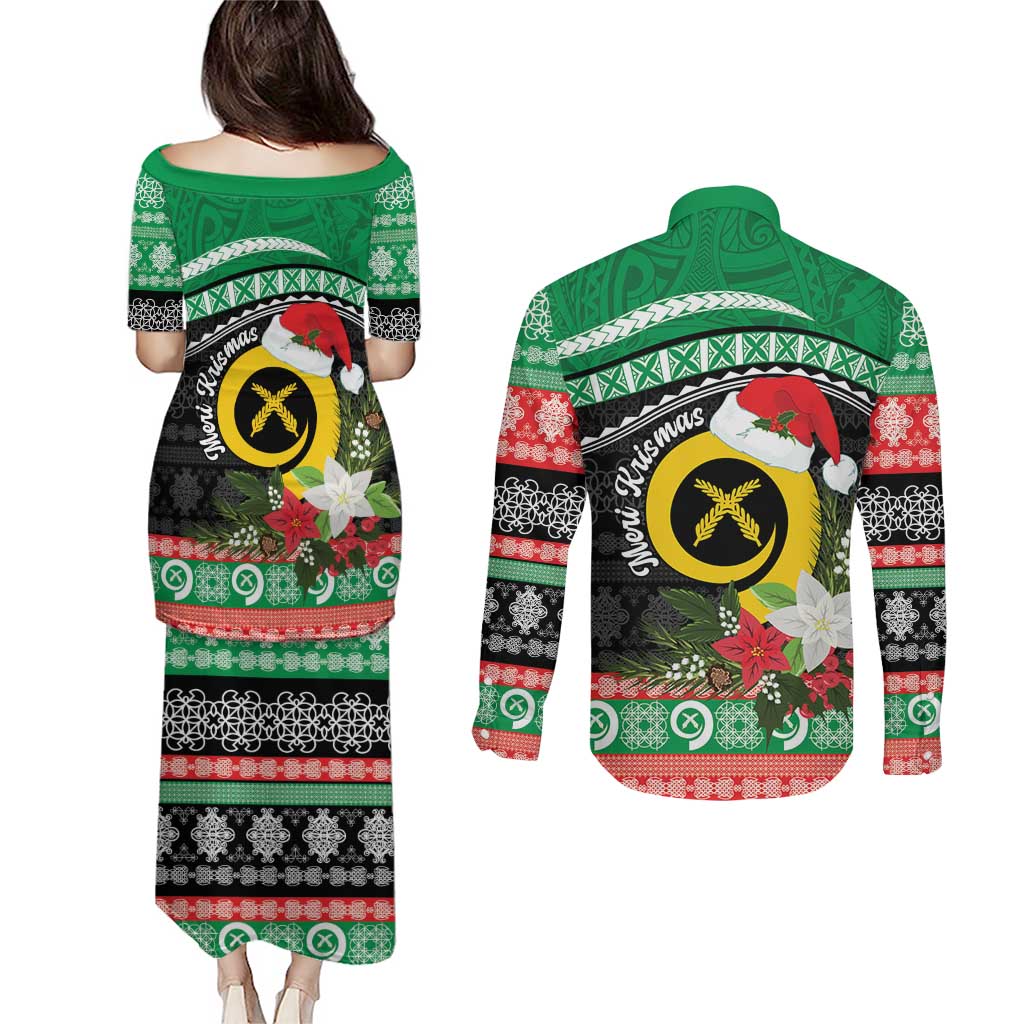 Vanuatu Pig's Tusk Meri Krismas! Couples Matching Puletasi and Long Sleeve Button Shirt Vanuatuan Sand Drawing Pattern - Polynesian Pride