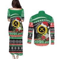Vanuatu Pig's Tusk Meri Krismas! Couples Matching Puletasi and Long Sleeve Button Shirt Vanuatuan Sand Drawing Pattern - Polynesian Pride