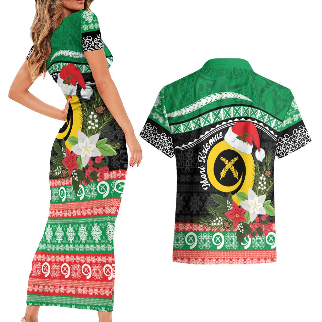 Vanuatu Pig's Tusk Meri Krismas! Couples Matching Short Sleeve Bodycon Dress and Hawaiian Shirt Vanuatuan Sand Drawing Pattern - Polynesian Pride