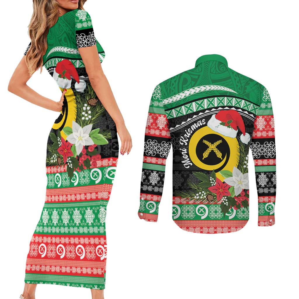 Vanuatu Pig's Tusk Meri Krismas! Couples Matching Short Sleeve Bodycon Dress and Long Sleeve Button Shirt Vanuatuan Sand Drawing Pattern - Polynesian Pride