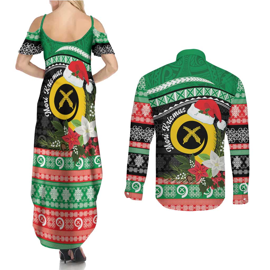 Vanuatu Pig's Tusk Meri Krismas! Couples Matching Summer Maxi Dress and Long Sleeve Button Shirt Vanuatuan Sand Drawing Pattern - Polynesian Pride