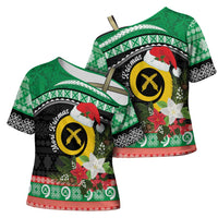 Vanuatu Pig's Tusk Meri Krismas! Cross Shoulder Shirt Vanuatuan Sand Drawing Pattern - Polynesian Pride