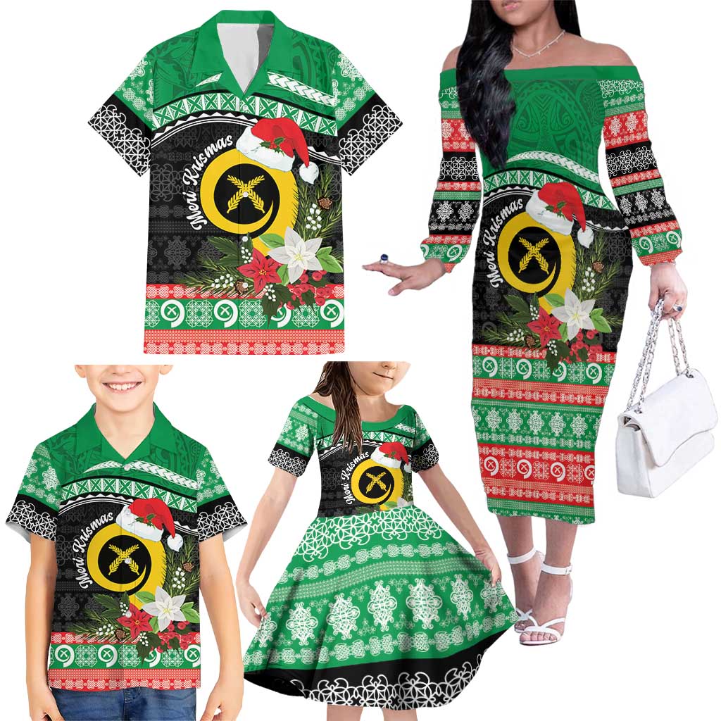 Vanuatu Pig's Tusk Meri Krismas! Family Matching Off The Shoulder Long Sleeve Dress and Hawaiian Shirt Vanuatuan Sand Drawing Pattern - Polynesian Pride