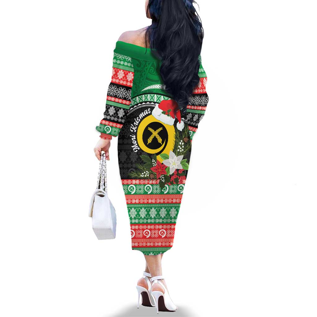 Vanuatu Pig's Tusk Meri Krismas! Family Matching Off The Shoulder Long Sleeve Dress and Hawaiian Shirt Vanuatuan Sand Drawing Pattern LT9 - Polynesian Pride