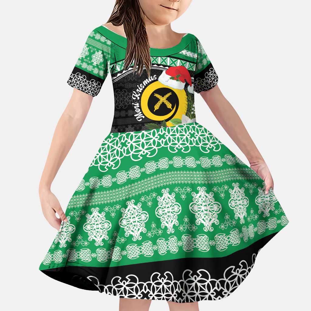 Vanuatu Pig's Tusk Meri Krismas! Family Matching Off Shoulder Maxi Dress and Hawaiian Shirt Vanuatuan Sand Drawing Pattern LT9 Daughter's Dress Green - Polynesian Pride