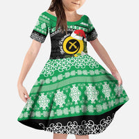 Vanuatu Pig's Tusk Meri Krismas! Family Matching Off Shoulder Maxi Dress and Hawaiian Shirt Vanuatuan Sand Drawing Pattern LT9 Daughter's Dress Green - Polynesian Pride