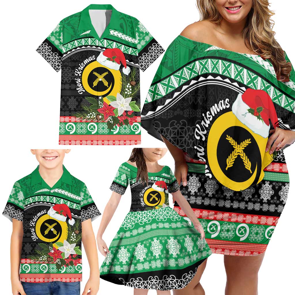 Vanuatu Pig's Tusk Meri Krismas! Family Matching Off Shoulder Short Dress and Hawaiian Shirt Vanuatuan Sand Drawing Pattern - Polynesian Pride