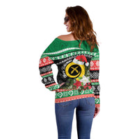 Vanuatu Pig's Tusk Meri Krismas! Off Shoulder Sweater Vanuatuan Sand Drawing Pattern - Polynesian Pride