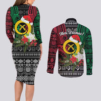 Vanuatu Pig's Tusk Meri Krismas! Couples Matching Long Sleeve Bodycon Dress and Long Sleeve Button Shirt Vanuatuan Ancient Art Spirit LT9 - Polynesian Pride