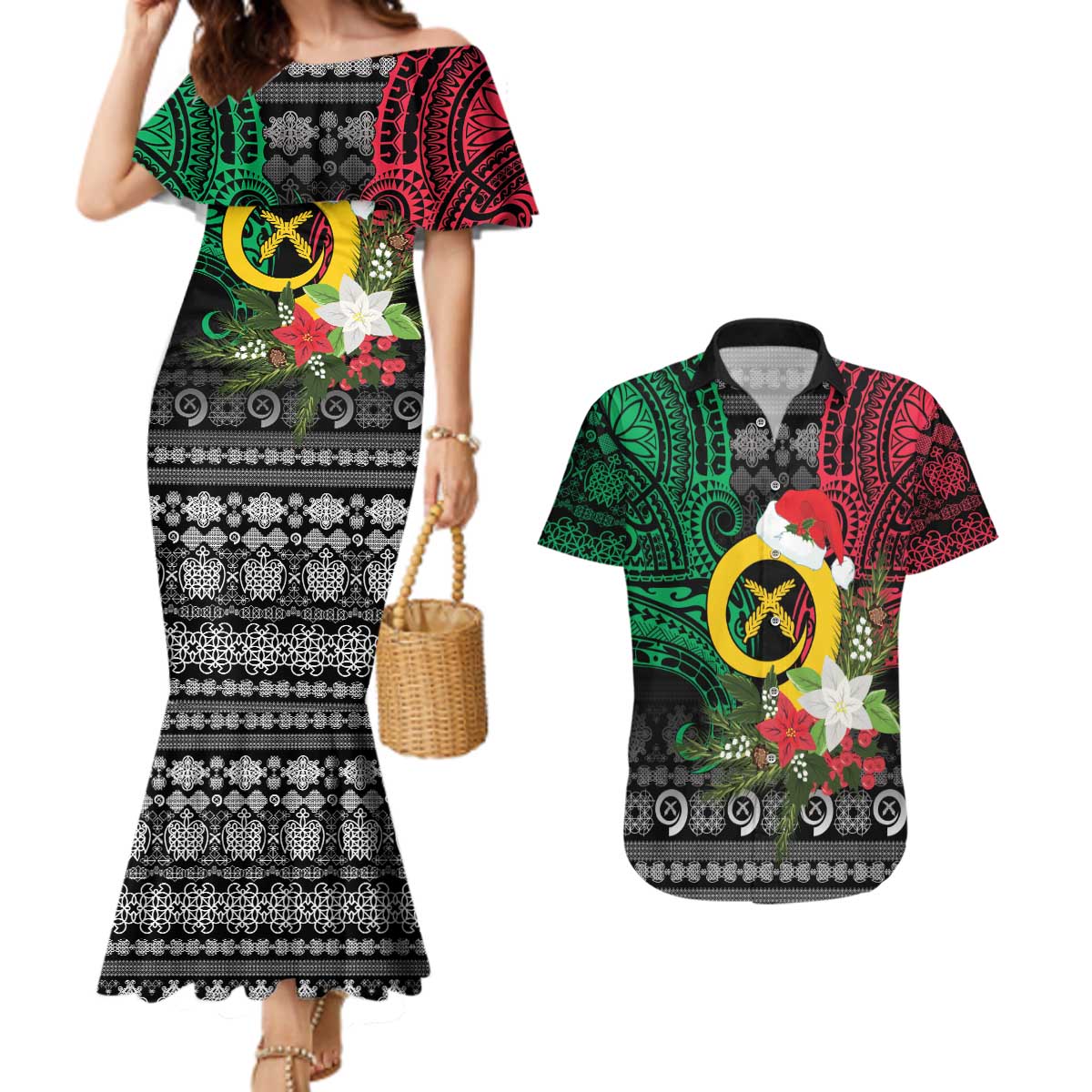 Vanuatu Pig's Tusk Meri Krismas! Couples Matching Mermaid Dress and Hawaiian Shirt Vanuatuan Ancient Art Spirit LT9 Black - Polynesian Pride