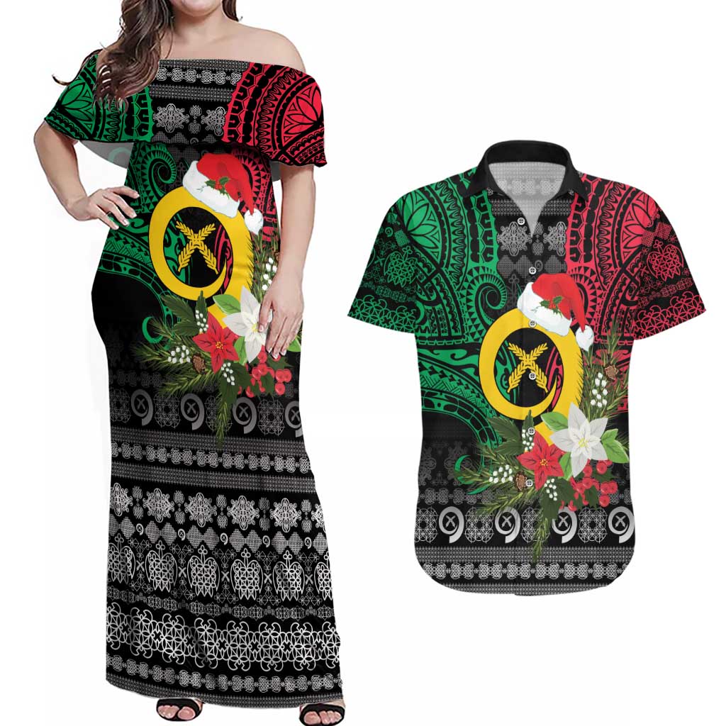 Vanuatu Pig's Tusk Meri Krismas! Couples Matching Off Shoulder Maxi Dress and Hawaiian Shirt Vanuatuan Ancient Art Spirit - Polynesian Pride