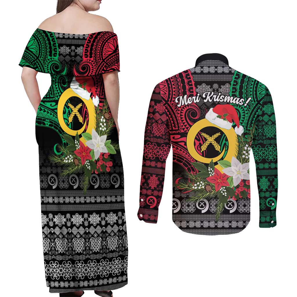 Vanuatu Pig's Tusk Meri Krismas! Couples Matching Off Shoulder Maxi Dress and Long Sleeve Button Shirt Vanuatuan Ancient Art Spirit LT9 - Polynesian Pride