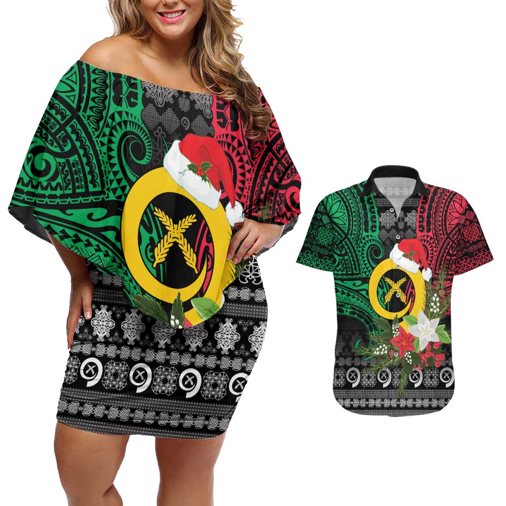 Vanuatu Pig's Tusk Meri Krismas! Couples Matching Off Shoulder Short Dress and Hawaiian Shirt Vanuatuan Ancient Art Spirit - Polynesian Pride