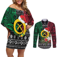 Vanuatu Pig's Tusk Meri Krismas! Couples Matching Off Shoulder Short Dress and Long Sleeve Button Shirt Vanuatuan Ancient Art Spirit LT9 Black - Polynesian Pride