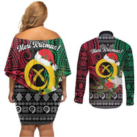 Vanuatu Pig's Tusk Meri Krismas! Couples Matching Off Shoulder Short Dress and Long Sleeve Button Shirt Vanuatuan Ancient Art Spirit LT9 - Polynesian Pride